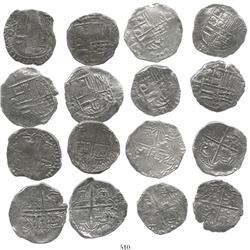 Lot of 8 Potosi, Bolivia, cob 4 reales, Philip III, various assayers, (where visible), Grade 2.