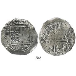 Potosi, Bolivia, cob 8 reales, (1649-50)O, with crown-alone countermark on shield, rotated reverse l