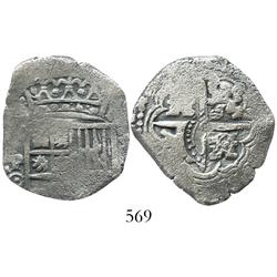 Potosi, Bolivia, cob 4 reales, Philip IV, assayer O, with crowned-L countermark on cross.
