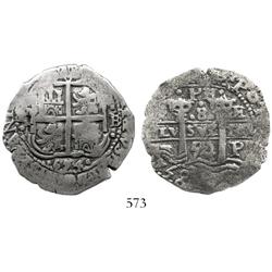 Potosi, Bolivia, cob 8 reales, 1654E, dot-PH-dot at top.