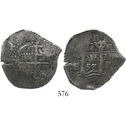 Potosi, Bolivia, cob 4 reales, 1653E, (dot-P)H-dot at top.