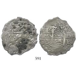 Potosi, Bolivia, cob 8 reales, 1654E, dot-PH-dot at top.