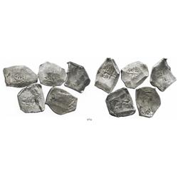 Lot of 5 Mexico City, Mexico, cob 8 reales, Philip V (ca. 1730), various assayers (mostly not visibl