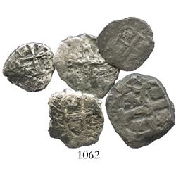 Lot of 5 silver-cob minors of Lima, Peru, and Potosi, Bolivia, including one 4R, two 2R and two 1R.