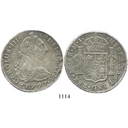 Lima, Peru, bust 8 reales, Charles III, 1777MJ.