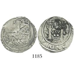 Lima, Peru, 2 reales, Philip II, assayer Rincon, motto as PL-VSV-LT, rare.