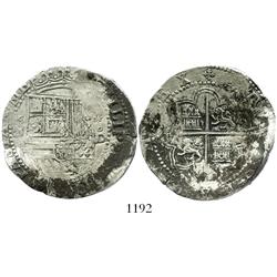 Lima, Peru, cob 8 reales, Philip II, assayer Diego de la Torre, P-8 (flat-top) to left, *-oD to righ