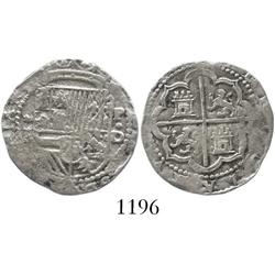 Lima, Peru, cob 1 real, Philip II, assayer Diego de la Torre, *-I to left, P-dot-D to right.