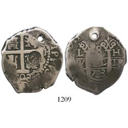 Lima, Peru, cob 8 reales, 1703H, with Guatemala (Type II, 1843) countermark struck 4 times (rare).