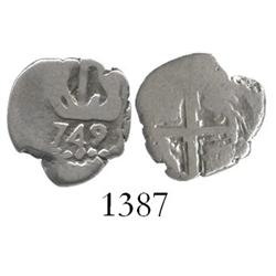 Lima, Peru, cob 1/2 real, 1749V, rare.