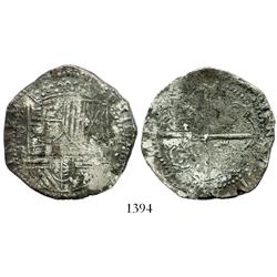 Potosi, Bolivia, cob 8 reales, Philip II, assayer B (3rd period).