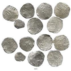 Mixed lot of 7 Potosi, Bolivia, cobs of Philip III and IV: six 8R (assayers curved-leg R, T, P and n