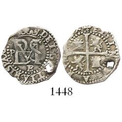 Potosi, Bolivia, cob 1/2 real, Philip II, P to left, assayer B (B/S/L) below monogram (2nd period).