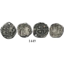 Lot of 2 Potosi, Bolivia, cob 1/2R, Philip III, assayer Q, one with Q to left and the other with Q t
