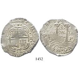 Potosi, Bolivia, cob 8 reales, 1653E, dot-PH-dot at top.