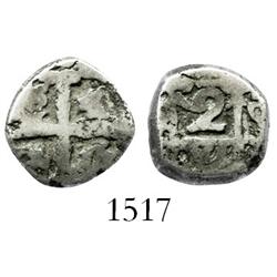 Potosi, Bolivia, cob 2 reales, Philip V or Ferdinand VI, assayer q (ca. 1750), cut down to 1R size.