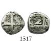 Image 1 : Potosi, Bolivia, cob 2 reales, Philip V or Ferdinand VI, assayer q (ca. 1750), cut down to 1R size.