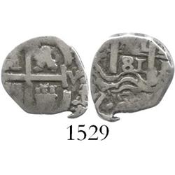 Potosi, Bolivia, cob 1 real, 1681V, struck on a 1/2R planchet (thin).