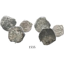 Mixed lot of 3 Potosi, Bolivia, silver cobs of the 1730s (1R 1730M, 1R 1736E, and 1/2R 1735).