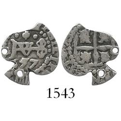 Potosi, Bolivia, cob 1/2 real, 1657, cut down to heart shape.