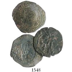 Lot of 3 Santo Domingo, Dominican Republic, copper 4 maravedis, Charles-Joanna, assayer F, with key