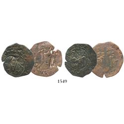 Lot of 2 Santo Domingo, Dominican Republic, copper 4 maravedis, Charles-Joanna, assayer F, with key 