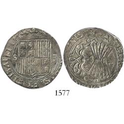 Seville, Spain, 2 reales, Ferdinand-Isabel, assayer Gothic D between yoke and arrows.