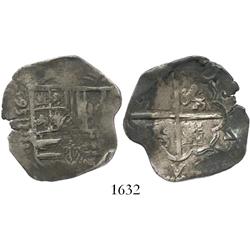 Valladolid, Spain, cob 4 reales, (15)95/5 date to left of shield, assayer (oD) not visible, rare.