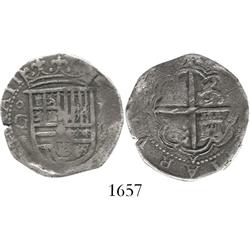 Granada, Spain, cob 2 reales, Philip II, assayer oF to right of shield.