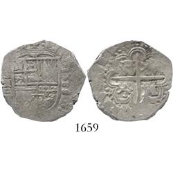 Seville, Spain, cob 2 reales, 1588 date to right, assayer Gothic D to left of shield, rare first dat