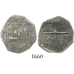 Seville, Spain, cob 2 reales, (15)89 date to right, assayer Gothic D to left of shield.