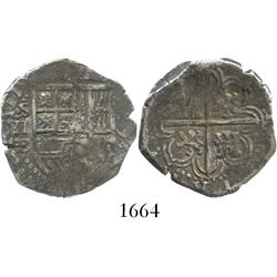 Seville, Spain, cob 2 reales, 1593 date to right, assayer B to left of shield.