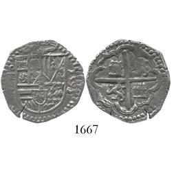 Toledo, Spain, cob 2 reales, 1595 date to right, assayer C to left of shield, ring around obverse.