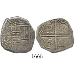 Granada, Spain, cob 2 reales, Philip II, 1597 date to left, assayer C to right of shield.