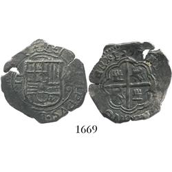 Granada, Spain, cob 2 reales, Philip II, 1597 date above cross, assayer M above mintmark G to right