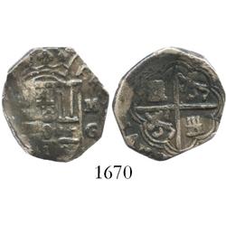 Granada, Spain, cob 2 reales, Philip II or III, assayer M above mintmark G to right.