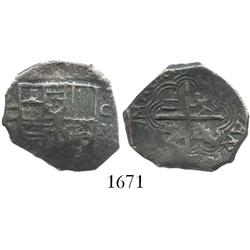 Granada, Spain, cob 2 reales, Philip II or  III, assayer M below mintmark G to right.