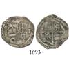 Image 1 : Toledo, Spain, cob 1 real, Philip II, assayer circled-M below mintmark oT to left of shield.