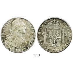 Potosi, Bolivia, bust 8 reales, Charles IV, 1808PJ.