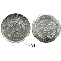 Potosi, Bolivia, 20 centavos, 1909H, encapsulated NGC MS-62.