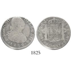 Bogota, Colombia, bust 2 reales, Ferdinand VII (bust of Charles IV), 1819FJ, normal date.