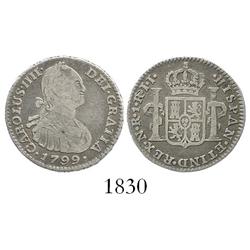 Bogota, Colombia, bust 1 real, Charles IV, 1799/99JJ.