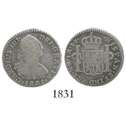 Bogota, Colombia, bust 1 real, Charles IV, 1801/797JJ.
