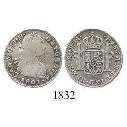 Bogota, Colombia, bust 1 real, Charles IV, 1801JJ.