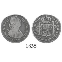 Bogota, Colombia, bust 1 real, Ferdinand VII (bust of Charles IV), 1819FJ.