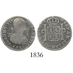 Bogota, Colombia, bust 1 real, Ferdinand VII (bust of Charles IV), 1819FJ, inverted J.