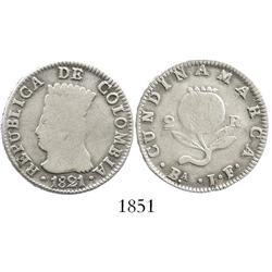 Bogota, Colombia (Cundinamarca), 2 reales, 1821JF, with Ba, 26.5mm, 2/2 in denomination.