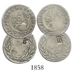 Lot of 2 Popayan, Colombia, 1R, 1828 and 1829, assayer RU, both with "R" countermarks (Ecuador?).