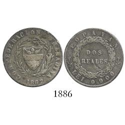 Popayan, Colombia, 2 reales, 1862, 6/sideways 6 in date, 1-year type.