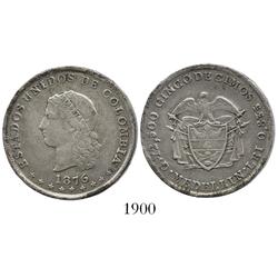 Medellín, Colombia, 5 decimos, 1876, date to left, C/C for second C in CINCUENTA.